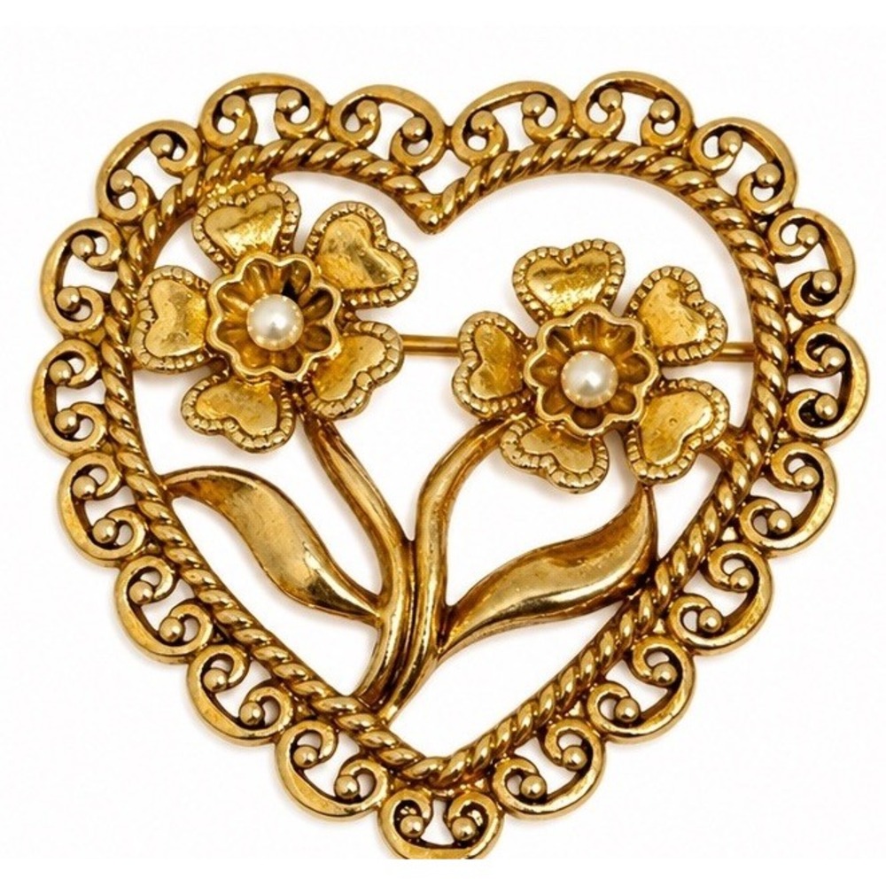 Vintage Gold Tone Heart Brooch Floral Faux Pearl Openwork Flower Pin
